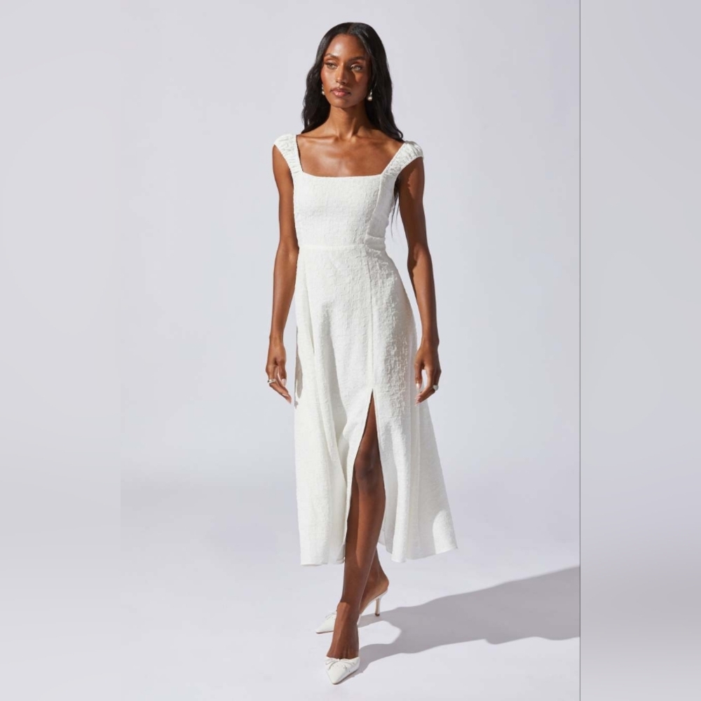 ASTR Textured Crinkle Shoulder Midi Dress, Cream Colored, Size S